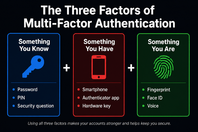 The three factors of multi-factor authentication: something you know, something you have, something you are