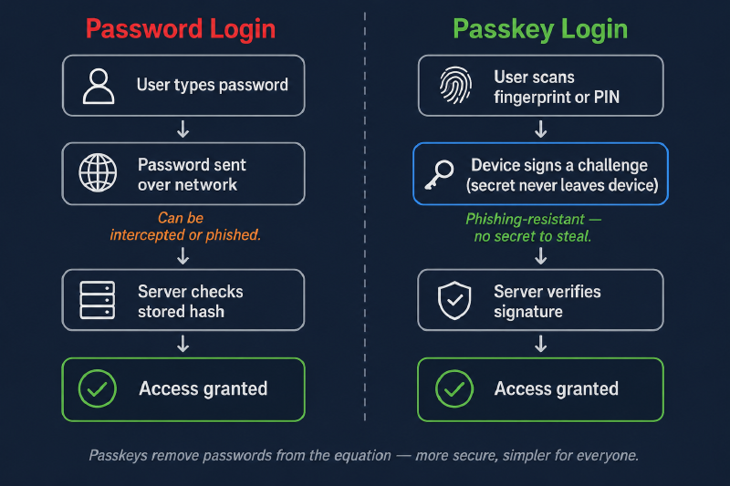 Side-by-side comparison of password login flow versus passkey login flow